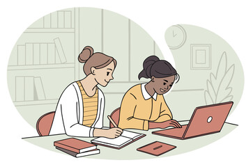 Poster - Two students studying together at a table with books and a laptop in a cozy study space during the afternoon
