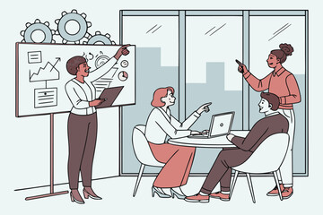 Poster - Team collaboration during a business meeting with a presentation in a modern office setting in broad daylight