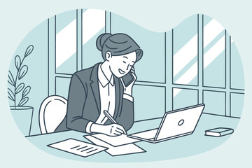 Aufkleber - Businesswoman discussing plans on phone while taking notes and using laptop in bright office space with large windows and plant