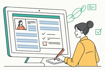 Poster - Professional woman working on a computer, completing a task with checklist items on screen during a productive moment at home office