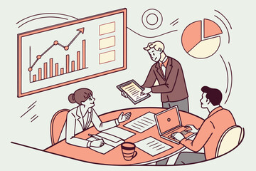 Poster - Business meeting with team discussing financial reports and strategy using graphs and charts in a modern office setting