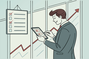 Poster - Business professional analyzes performance metrics using a tablet while a growth chart illustrates success in a modern office setting