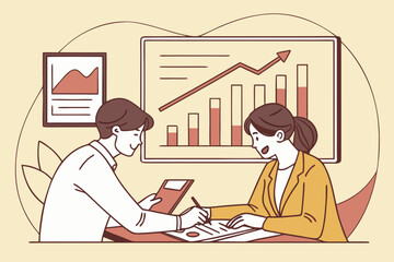 Poster - Two professionals engage in discussion and review financial data, focusing on charts and reports while collaborating in a modern office setting