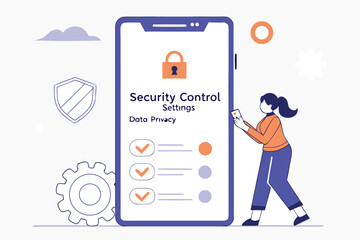 Poster - Illustration of a person accessing security control settings for data privacy on a smartphone device in a digital environment