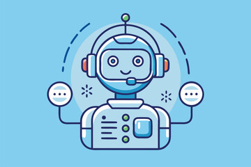 Poster - Cute chatbot character wearing a headset engages with users through speech bubbles against a light blue background during a digital communication session