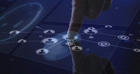 Poster - Pressing male fingertip connecting central node on tech touchscreen at table, with network icons