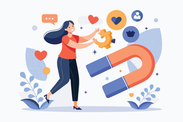 Poster - Illustration of a woman interacting with a large magnet and various symbols of attraction in a vibrant, digital design, showcasing concepts of relationship and connection
