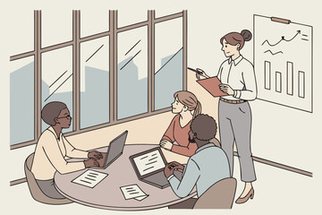 Poster - Team collaboration in a modern office during a business presentation while reviewing financial data and strategies