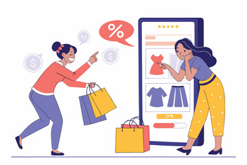 Poster - Friends discussing fashion discounts while shopping online with colorful shopping bags in a digital storefront setting