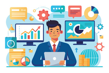 Poster - Business professional analyzing data with charts and graphs on multiple screens in a modern office environment
