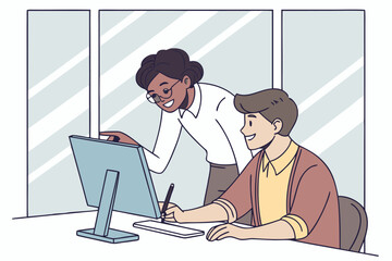 Poster - Two colleagues collaborate on a project in an office setting during daytime, showcasing teamwork and creativity in a modern workspace