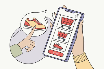 Aufkleber - Person shopping for athletic shoes on a mobile application while interacting with interactive product display in a modern online shopping setting