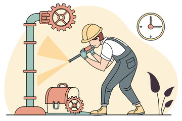 Aufkleber - Man inspecting a plumbing system with tools in an industrial setting during daytime