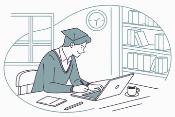 Poster - Student wearing graduation cap studies at desk with laptop while enjoying coffee and surrounded by books in a cozy study space during daytime