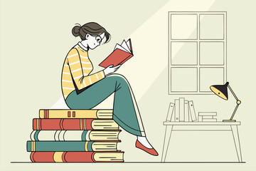 Poster - Young woman reading a book while sitting on a stack of colorful books in a cozy indoor space with natural light