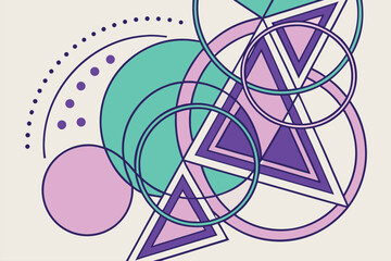 Poster - Abstract geometric design featuring circles and triangles in shades of purple, green, and pink against a light background