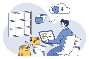 Poster - Office worker managing files and data storage on a computer while sitting at a desk with organized documents and a window view