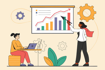 Poster - Business team discussing growth strategies with data charts and graphs in a modern office setting
