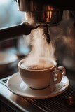 Espresso pouring from a machine into a white cup, steam rising, close-up shot highlighting the rich, dark brew and the process of coffee making