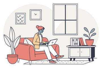 Aufkleber - Young woman working on laptop while sitting comfortably on a red couch in a cozy living room filled with plants and framed artwork