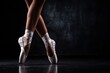 © VolumeThings - Detail shot of a ballerina s legs in white pointe shoes against a dark backdrop emphasizing ballet and practice