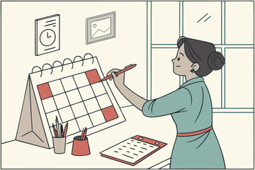 Poster - Woman marking important dates on a calendar while organizing her workspace in a well-lit room during daytime