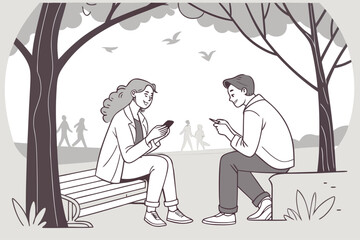 Poster - Couples enjoying a sunny day in the park, engaged in conversation while using their phones amidst lush greenery and gentle bird songs