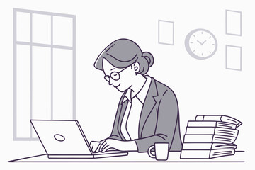 Poster - Employee working diligently at a desk with a laptop, surrounded by stacks of books, in a modern office setting with a clock showing afternoon hours