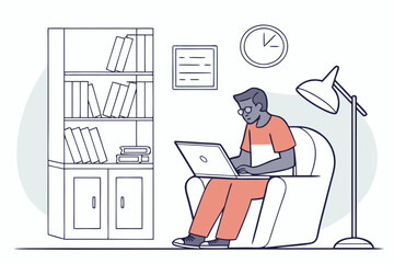 Poster - Young man working on laptop in cozy study space with bookshelves and clock showing afternoon time