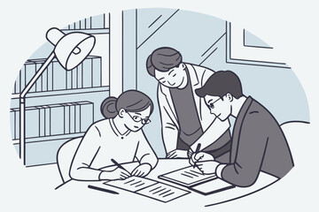 Poster - Collaboration among three individuals at a desk, focusing on document review and discussion in a well-lit study environment