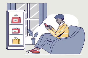 Poster - Man browsing online shopping on smartphone while relaxing at home in cozy atmosphere with plants and warm lighting
