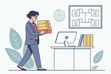 Poster - Office worker carrying files to the desk while managing organization tasks in a modern workspace during daytime