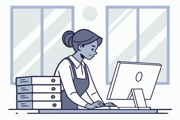 Poster - Woman working at a computer in a modern office setting with files organized on a desk and large windows allowing natural light