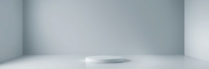 Poster - Minimalist empty room with soft blue walls and a round white pedestal on a reflective floor
