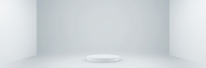 Poster - Minimalist studio setting with a white podium on a light gray floor and light gray walls