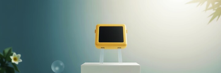 Poster - Yellow digital device displayed on a white pedestal with soft lighting and blurred background