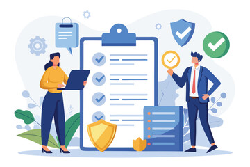 Poster - Professionals reviewing a checklist and ensuring compliance in a modern office environment