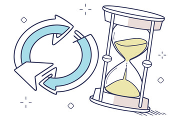 Poster - Concept of time management represented by an hourglass and a circular arrow symbolizing cycles and continuity in productivity