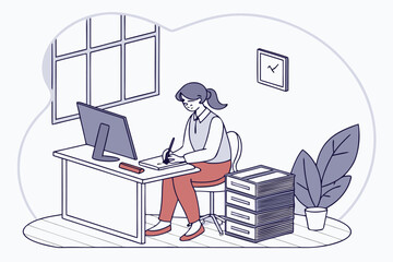 Poster - Woman sits at a desk in a modern office setting while writing notes and working on a computer during the day