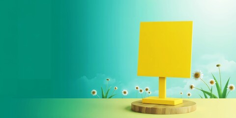 Poster - Bright yellow square sign on wooden pedestal with daisies in a grassy field against a sky background