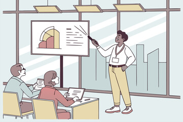 Poster - Business presentation takes place in a modern conference room with a speaker engaging the audience using a projector screen showcasing data analysis