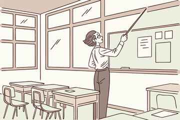 Poster - Teacher pointing to a chalkboard while explaining a lesson in a bright, well-lit classroom during a school day