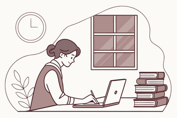 Poster - Person studying at a desk with laptop, books, and window while keeping track of time in a cozy indoor setting