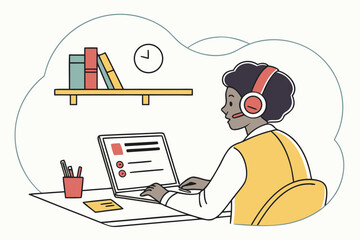 Poster - Person working at home on a laptop, wearing a headset while engaged in a task during a focused session in a well-organized workspace in the afternoon