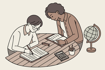 Poster - Students studying together at a table with books, a globe, and a calculator in an educational setting in the afternoon