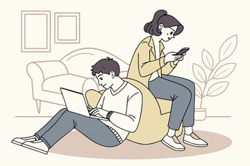 Poster - Young adults enjoying leisure time at home while engaged in technology, one using a laptop and the other on a smartphone, creating a modern and relaxed environment