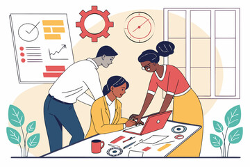 Poster - Team collaboration in a modern office setting while working on a project with a laptop and drafting materials during daytime