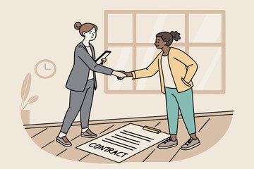 Poster - Business professionals shaking hands while finalizing a contract agreement in a modern office setting with natural lighting and a clock on the wall