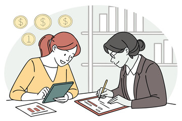 Poster - two women collaborate on financial planning with a tablet and documents while discussing investments