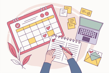 Poster - Creating a weekly planner with a calendar, notes, and a laptop on a clean desk for effective time management and organization